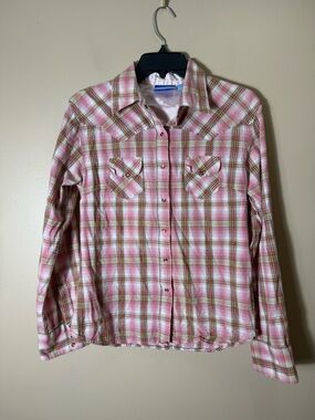 Nina Capri Western Pearl Snap Shirt Womens M Pink Plaid Rhinestones